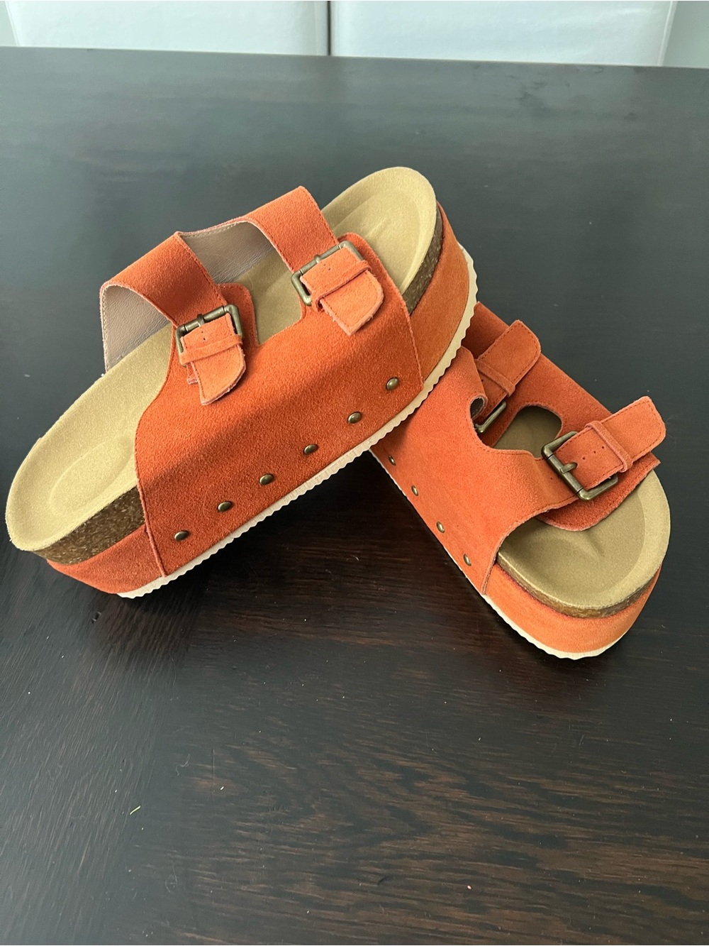 Orange Suede Double-Buckle Platform Sandals